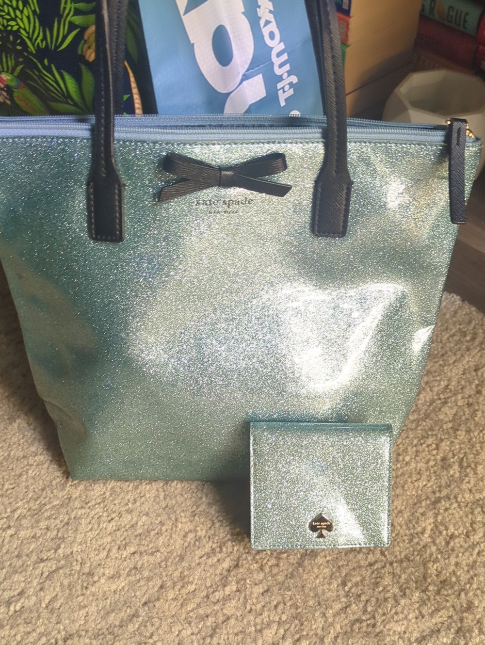 kate spade teal glitter tote with black bow and handles And Matching Wallet